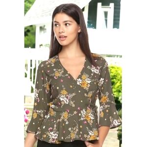 Candie's Bell Sleeve Wrap Front Floral Blouse Olive Green Size S